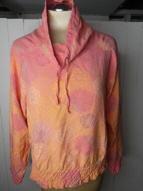 FILA Women's M Coral Pink Orange Silk Funnel Neck Pullover Geometric VTG 90s
